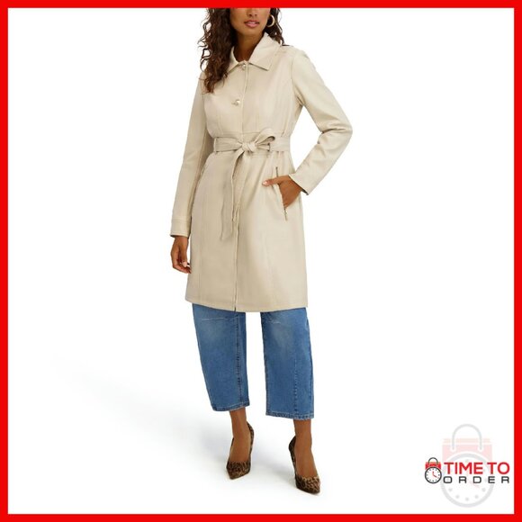 Faux Leather Trench Coat with Removable Belt Classic Fit
